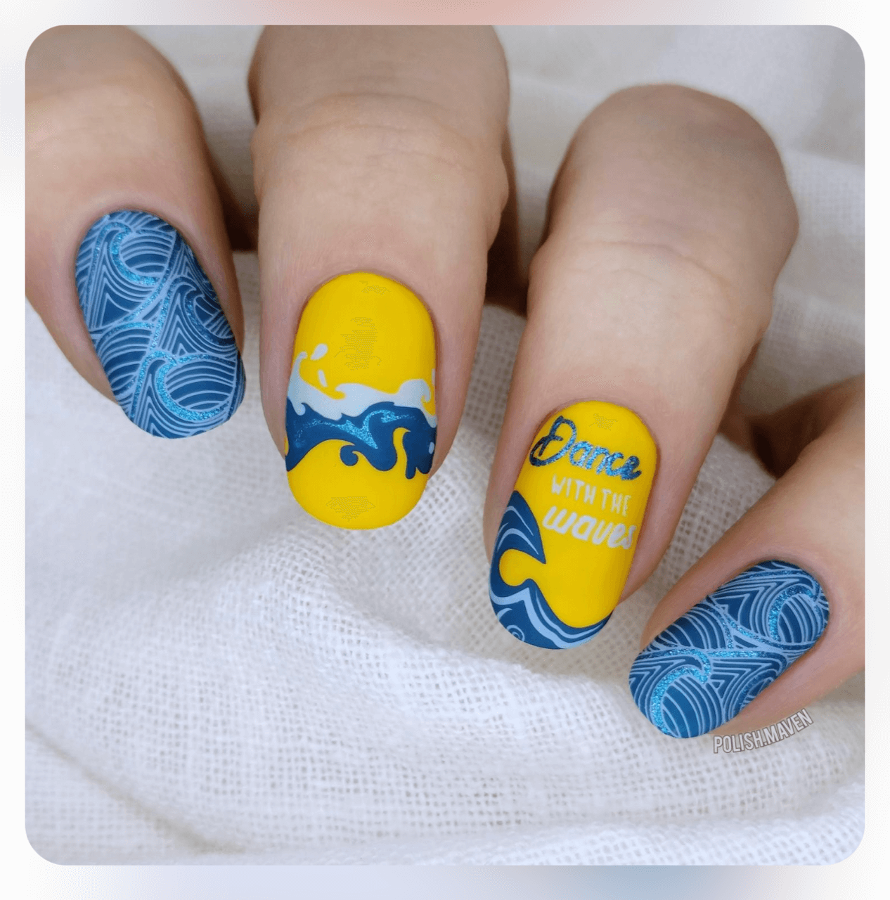 bright-yellow-manicure-with-nail-art-designs-of-waves-and-the-words-dance-with-the-waves
