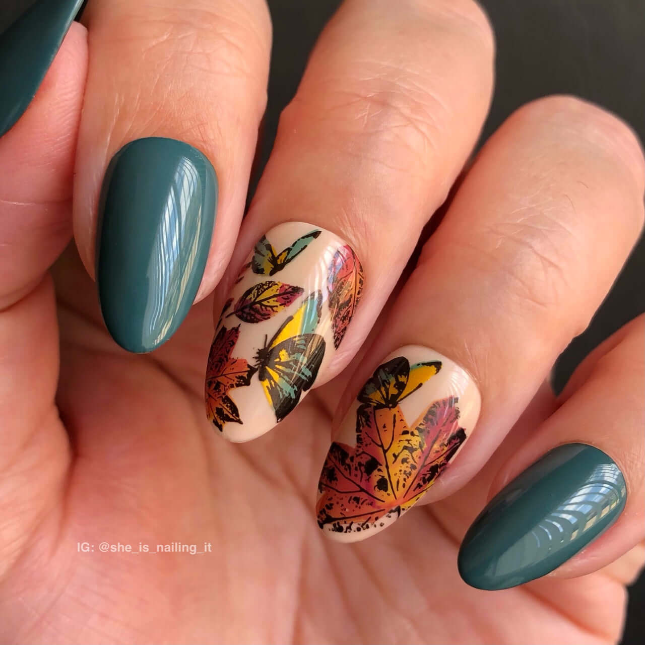 beautfiul-teal-manicure-with-gorgeous-nail-art-designs-of-autumn-leaves-and-butterflies