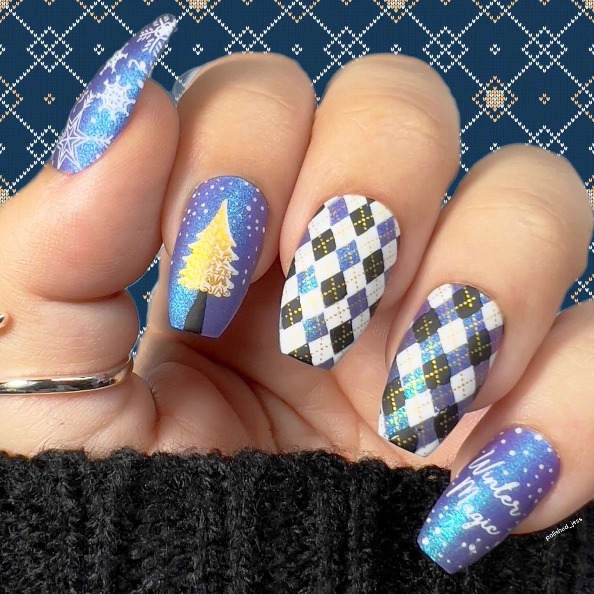 shimmery-manicure-showing-full-coverage-nail-art-argle-pattern-with-the-words-winter-magic