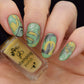 Manicure-showing-nail-art-designs-of-modern-boho-shapes-and-leaves-and-hands