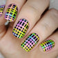 Nails with colorful layered nail art grid pattern design 