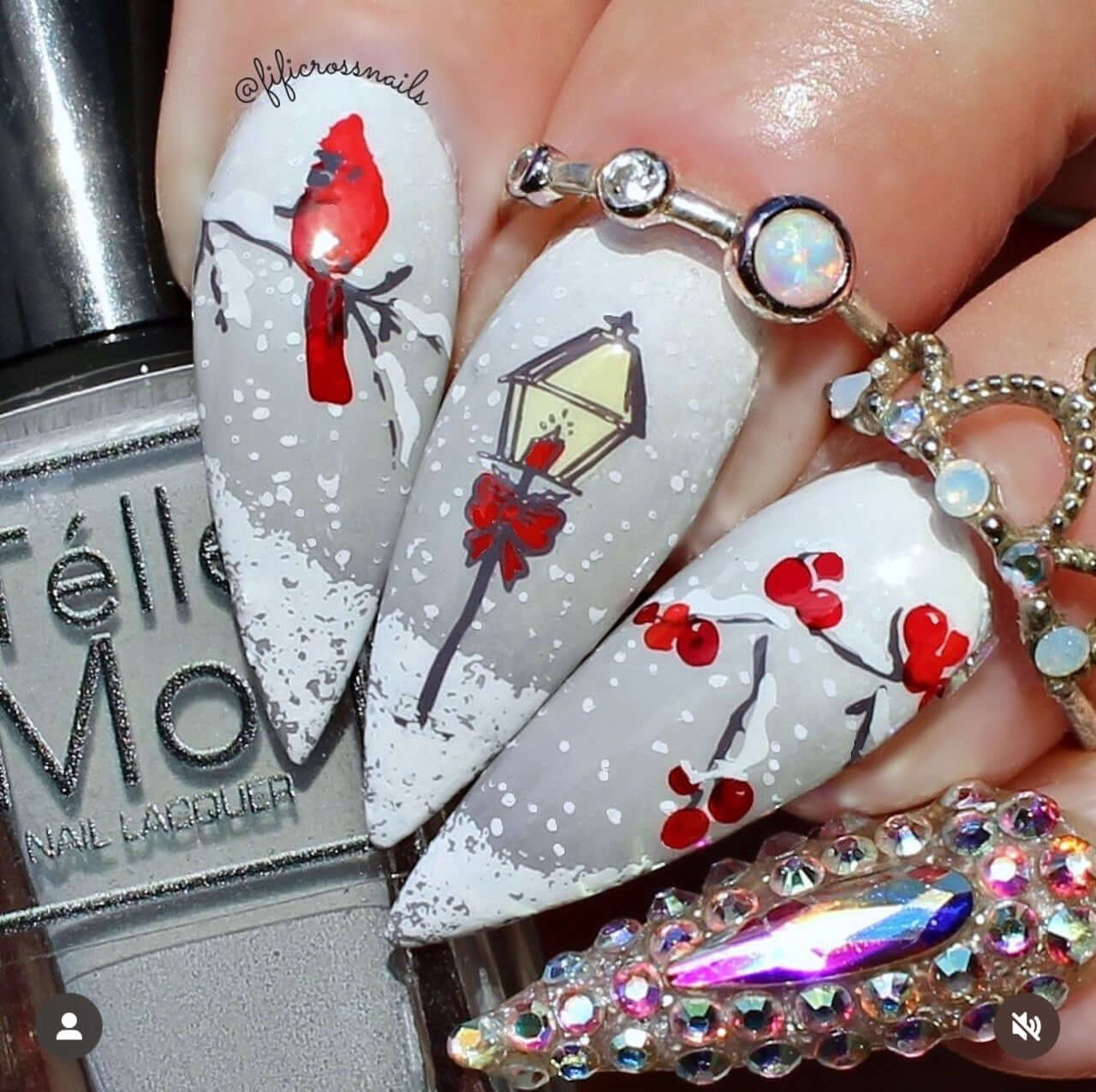 manicure-with-nail-art-scene-of-snow-a-lampost-and-a-robin-sitting-on-a-branch