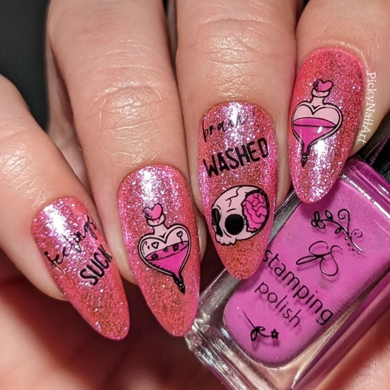 sparkling-manicure-with-layered-nail-art-designs-of-love-potion-bottles-and-a-skull-with-words-brain-washed