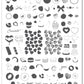 layered-nail-art-stamping-plate-showing-colorful-designs-of-sweet-treats-chocolate-dipped-strawberries-candy-cupcakes-hearts-bows-and-words-for-nail-art