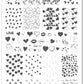 layered-nail-art-stamping-plate-showing-designs-of-hearts-lips-heart-balloons-and-words-for-nail-art