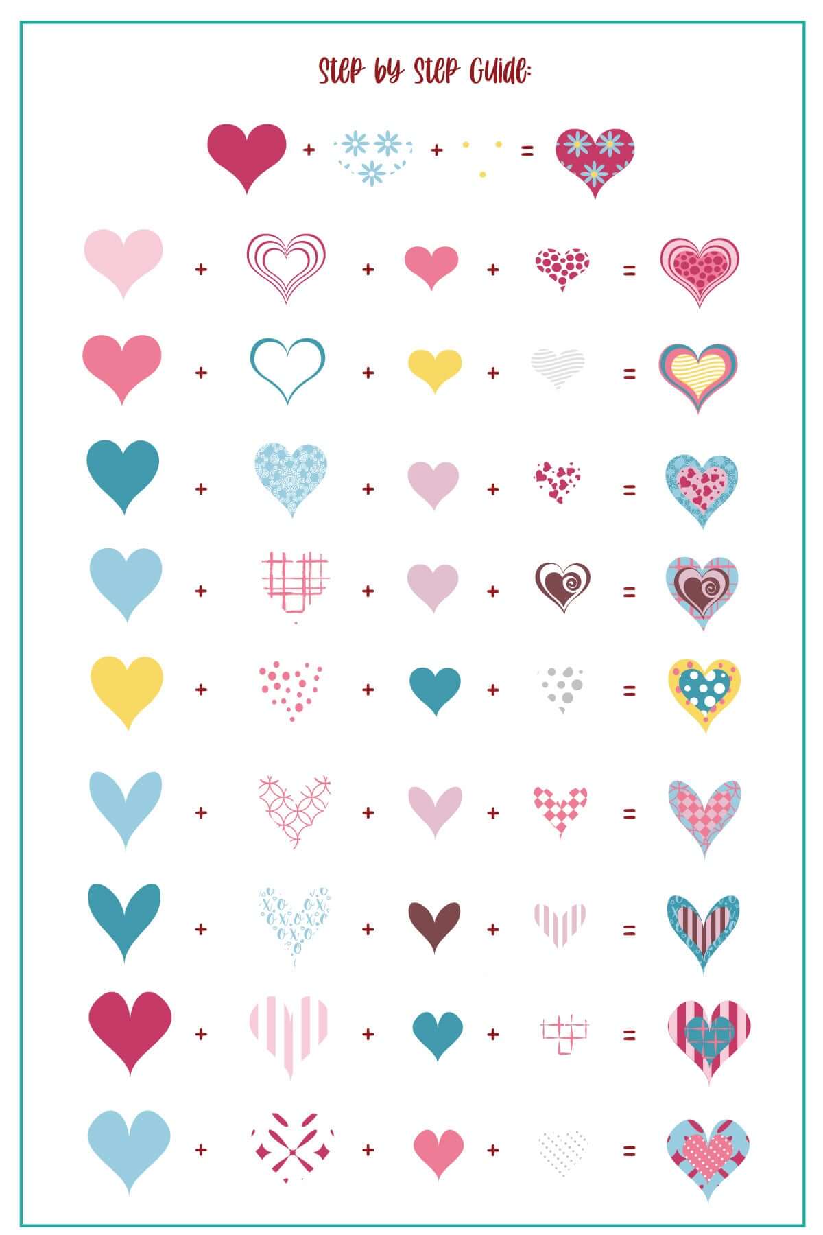  layered-nail-art-stamping-plate-how-to-card-showing-colorful-designs-of-patterend-hearts-and-words-for-nail-art