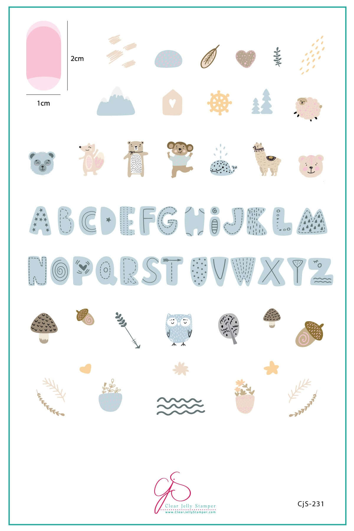 layered-nail-art-stamping-plate-inspo-card-with-forest-themed-alphabet-letters-animals-leaves-acorns