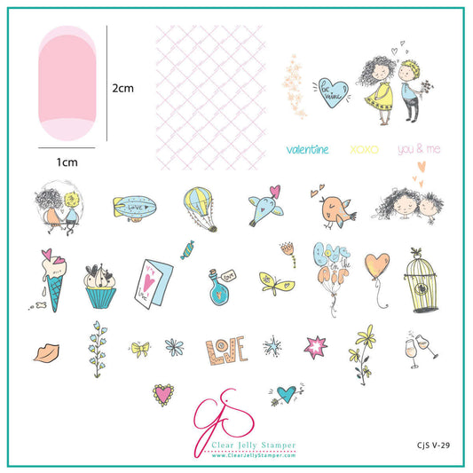 layered-nail-art-stamping-plate-inspo-card-showing-colourful-designs-of-cartoon-birds-couple-balloons-love-birds-and-words-for-nail-art