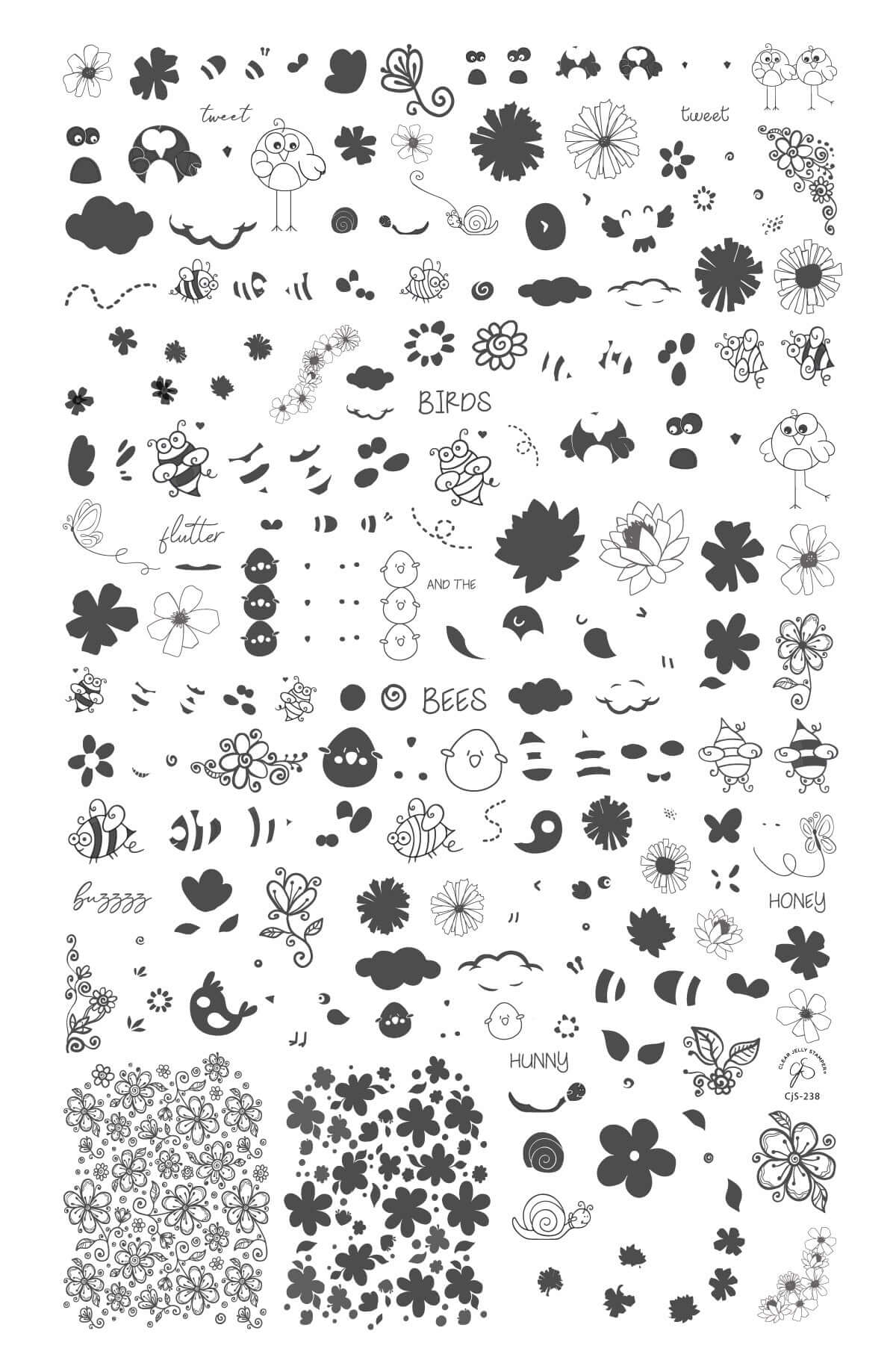 layered-nail-art-stamping-plate-with-nail-art-designs-of-birds-bees-flowers-and-words-for-nail-art