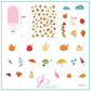 layered-nail-art-stamping-plate-inspo-card-shwoing-colorful-designs-of-leaves-pumpkins-raindrops-and-words-for-nail-art