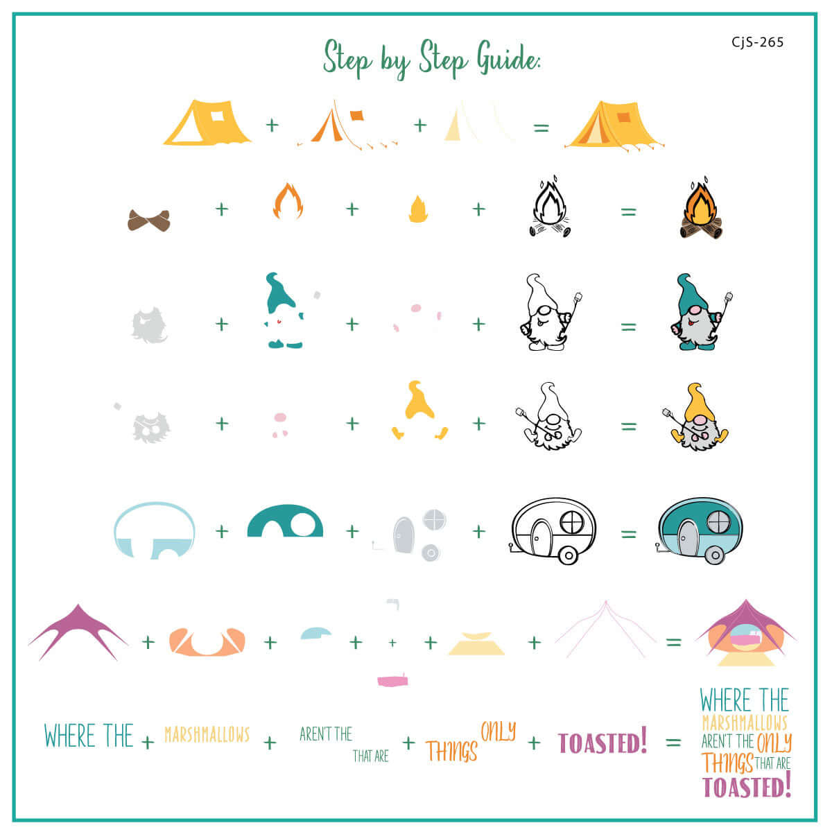 layered-nail-art-stamping-plate-how-to-card-showing-colorful-designs-of-gnomes-camping-tents-and-words-for-nail-art