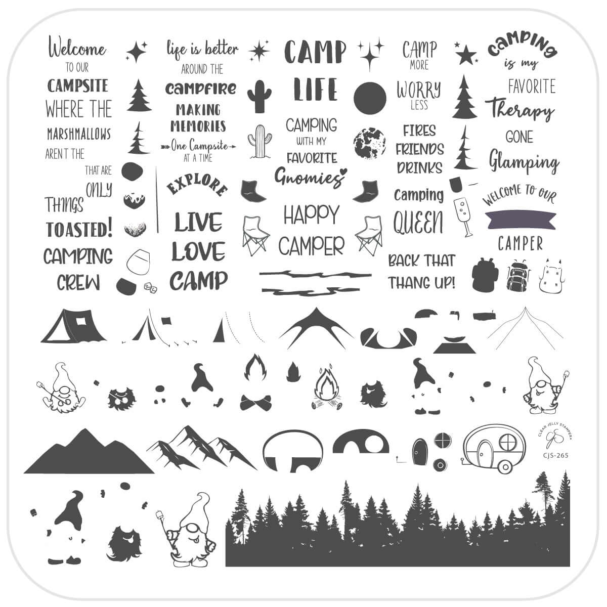 layered-nail-art-stamping-plate-showing-designs-of-gnomes-camping-trees-mountains-and-words-for-nail-art