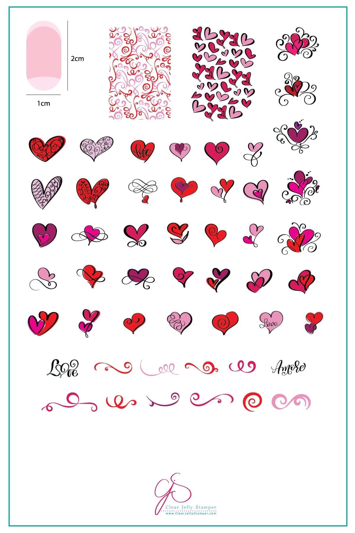 layered-nail-art-stamping-plate-inspo-card-showing-colorful-designs-of-hearts-swirls-and-words-for-nail-art