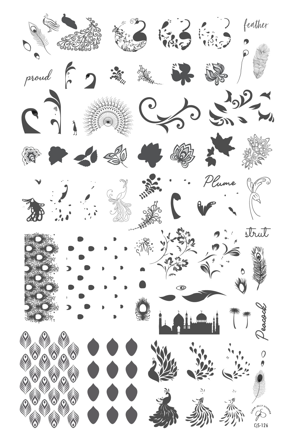 Strut your Tail Feathers (CjS-126) Steel Layered Nail Art Stamping Plate