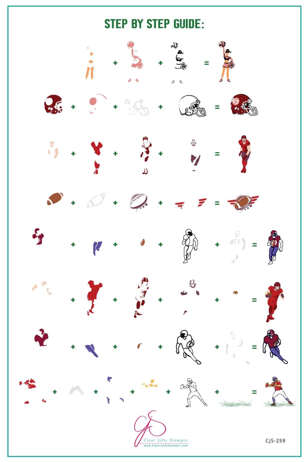 layered-nail-art-stamping-plate-how-to-card-with-colorful-designs-of-football-player-helmets-and-cheerleaders