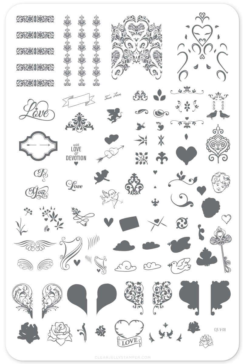 layered-nail-art-stamping-plate-inpos-card-showing-colorful-designs-of-vintage-hearts-swirls-roses-doves-and-words-for-nail-art