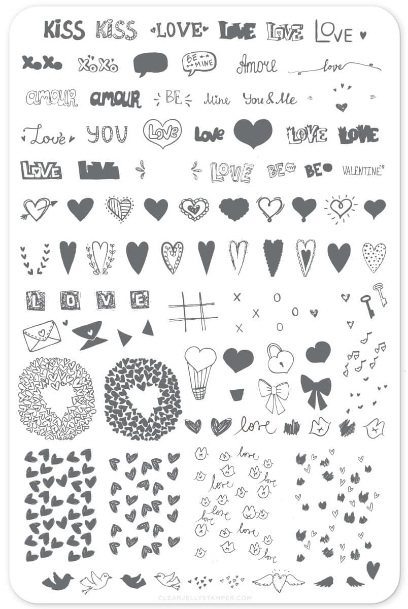 layered-nail-art-stamping-plate-showing-designs-of-hearts-lock-key-birds-and-words-for-nail-art