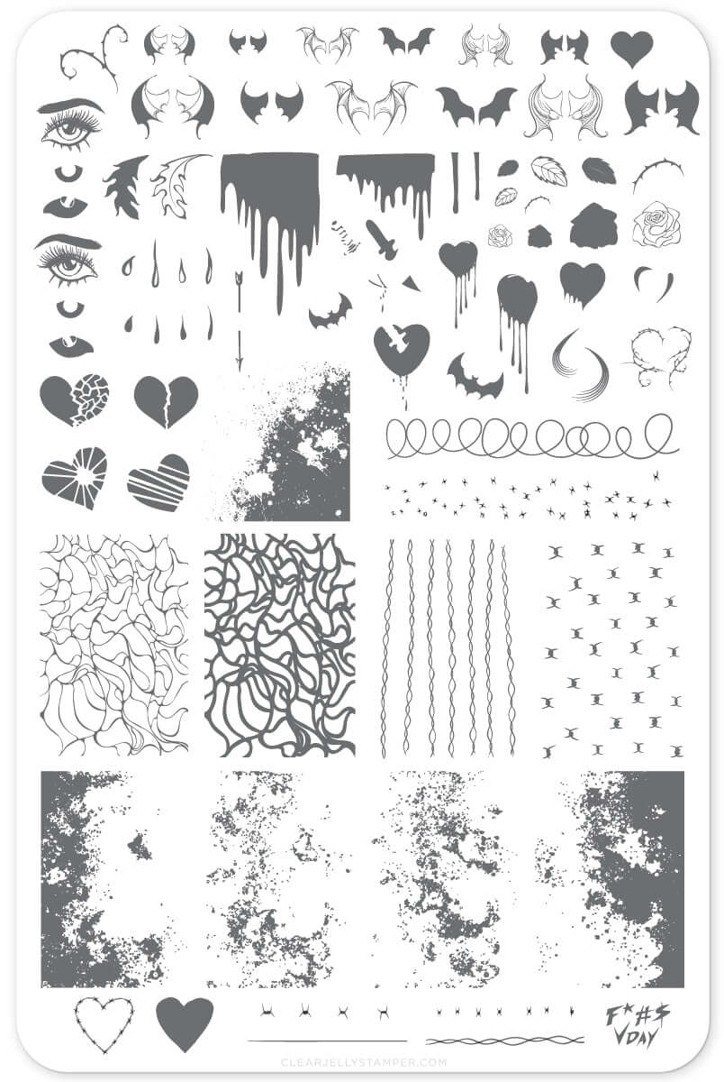  layered-nail-art-stamping-plate-showing-colorful-designs-of-barbed-wire-devil-hearts-and-blood