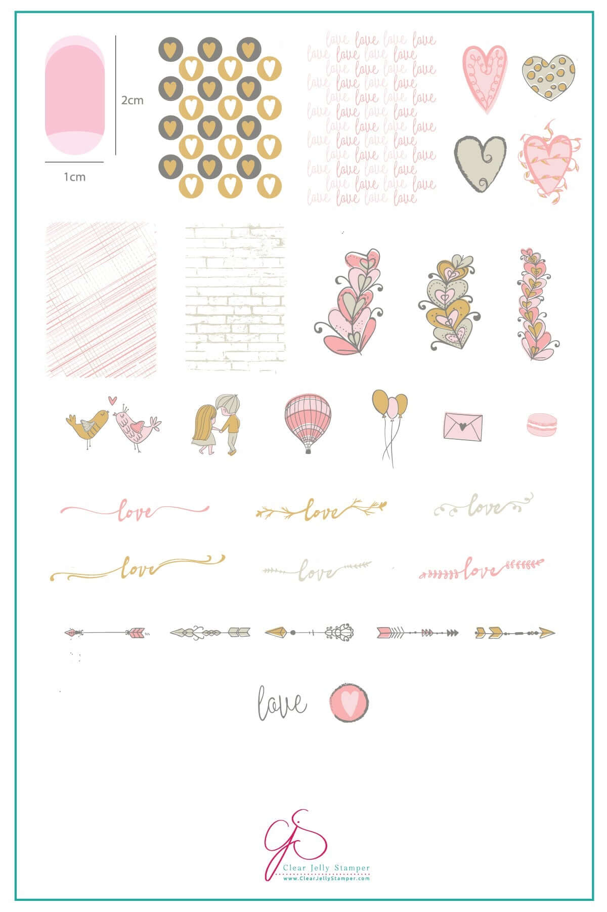 layered-nail-art-stamping-plate-inspo-card-showing-cute-colorful-designs-of-hearts-arrows-love-letter-balloons-and-words-for-nail-art
