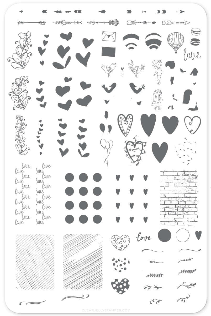 layered-nail-art-stamping-plate-showing-cute-designs-of-hearts-arrows-love-letter-balloons-and-words-for-nail-art