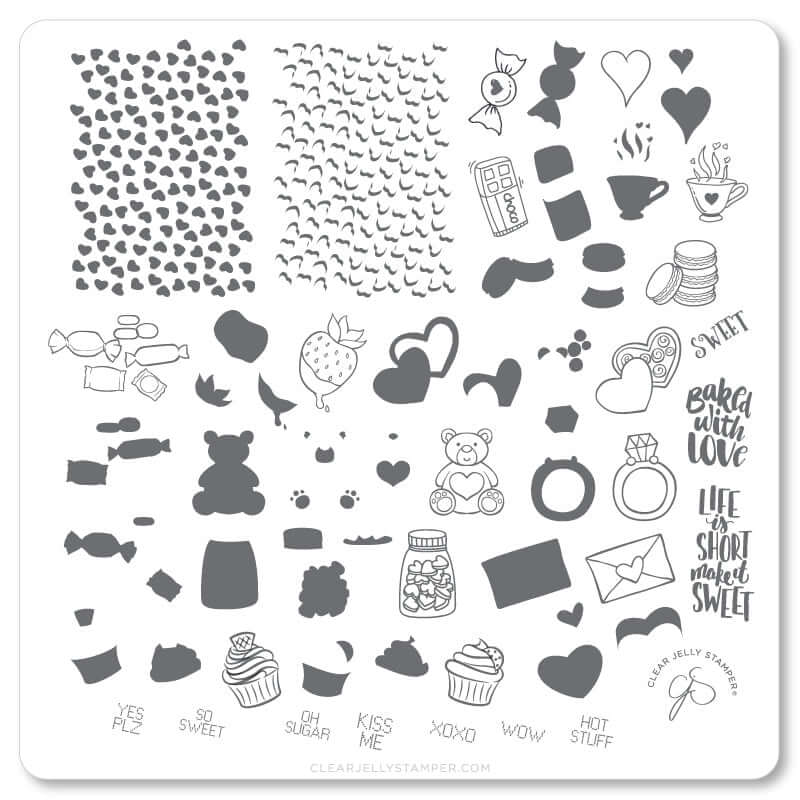 layered-nail-art-stamping-plate-showing-designs-of-candy-hearts-cupcakes-and-words-for-nail-art