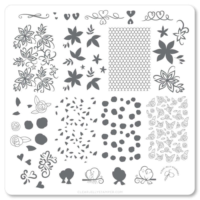 layered-nail-art-stamping-plate-showing-colorful-designs-of-roses-lilies-lace-and-love-birds