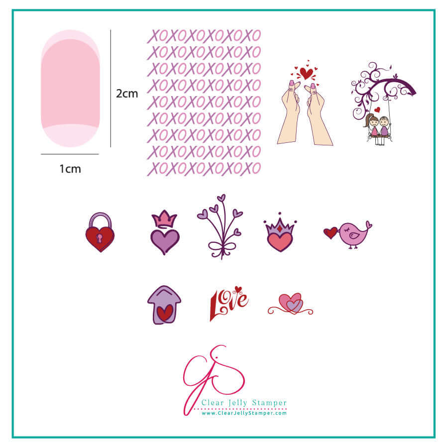 layered-nail-art-stamping-plate-inspo-card-showing-colourful-designs-of-xo-hearts-and-a-love-bird