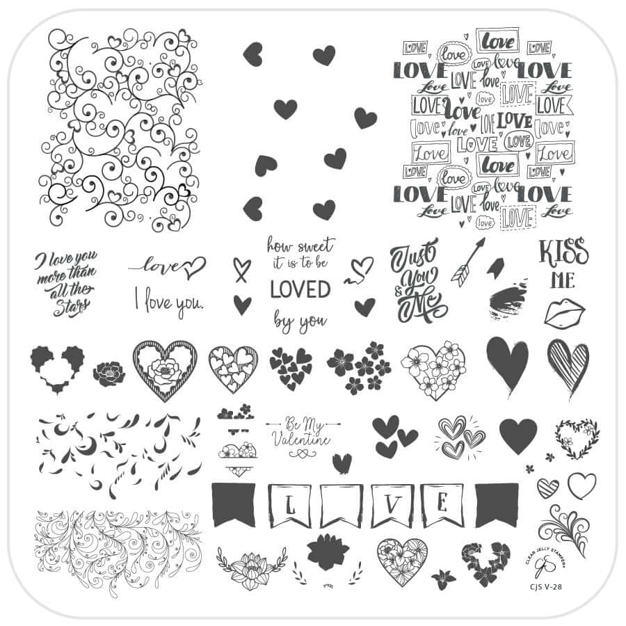 layered-nail-art-stamping-plate-showing-designs-of-hearts-flowers-lips-and-words-for-nail-art