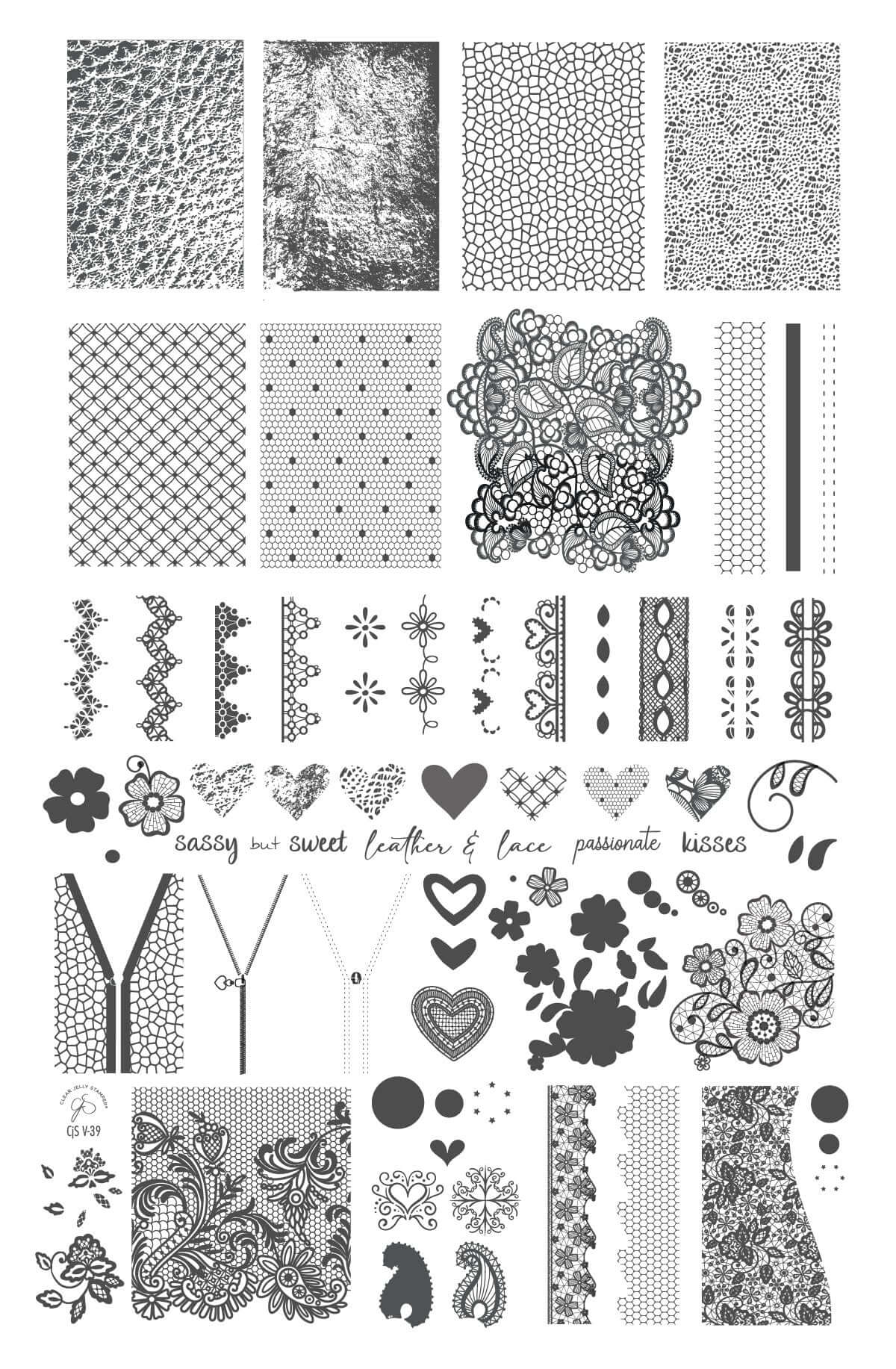 layered-nail-art-stamping-plate-with-colorful-designs-of-lace-leather-hearts-and-flowers