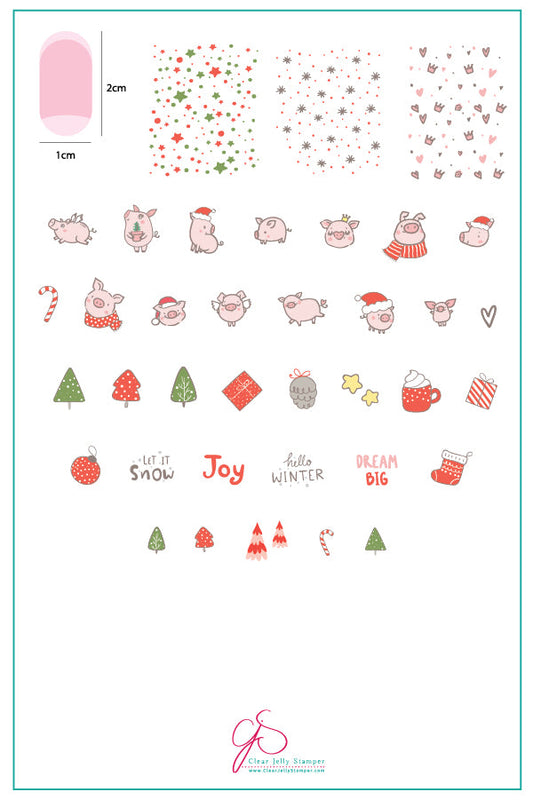 Piggy Christmas (CjS C-50) Steel Nail Art Stamping Plate 14 x 9 Clear Jelly Stamper 