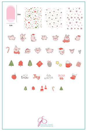 Piggy Christmas (CjS C-50) Steel Nail Art Stamping Plate 14 x 9 Clear Jelly Stamper 