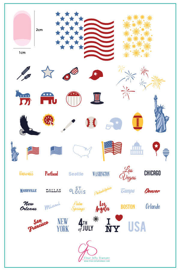 layered-nail-art-stamping-inspo-card-showing-colorful-USA-themed-designs-stars-and-stripes-staute-of-liberty-states-and-words-for-nail-art