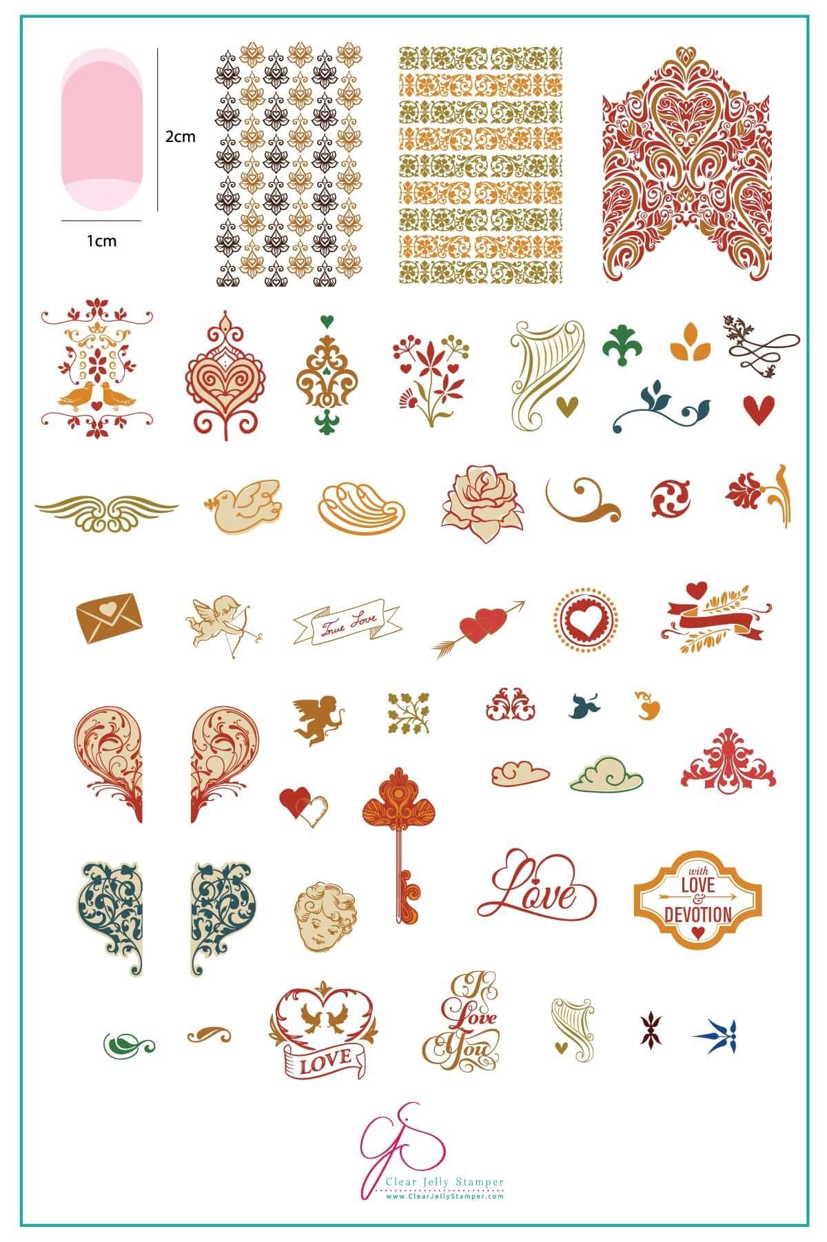 layered-nail-art-stamping-plate-inpos-card-showing-colorful-designs-of-vintage-hearts-swirls-roses-doves-and-words-for-nail-art