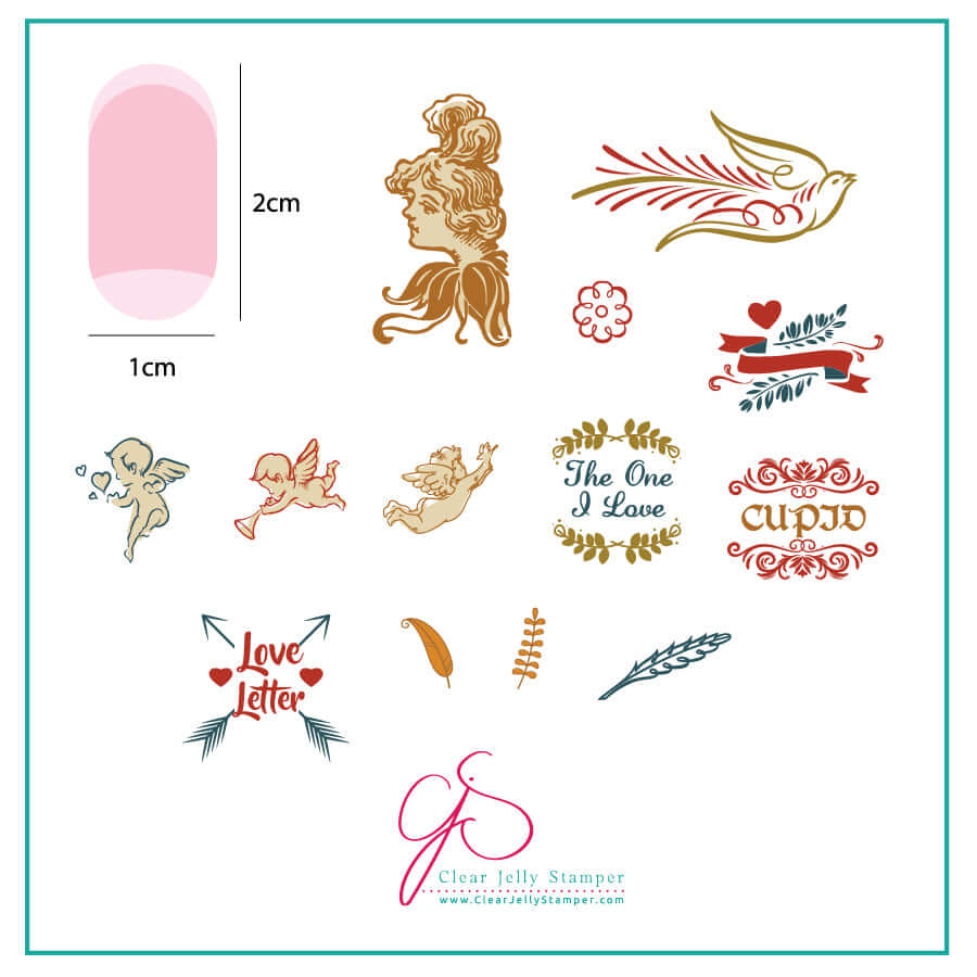 layered-nail-art-stamping-plate-inspo-card-showing-colourful-designs-of-cupids-feathers-and-words-for-nail-art
