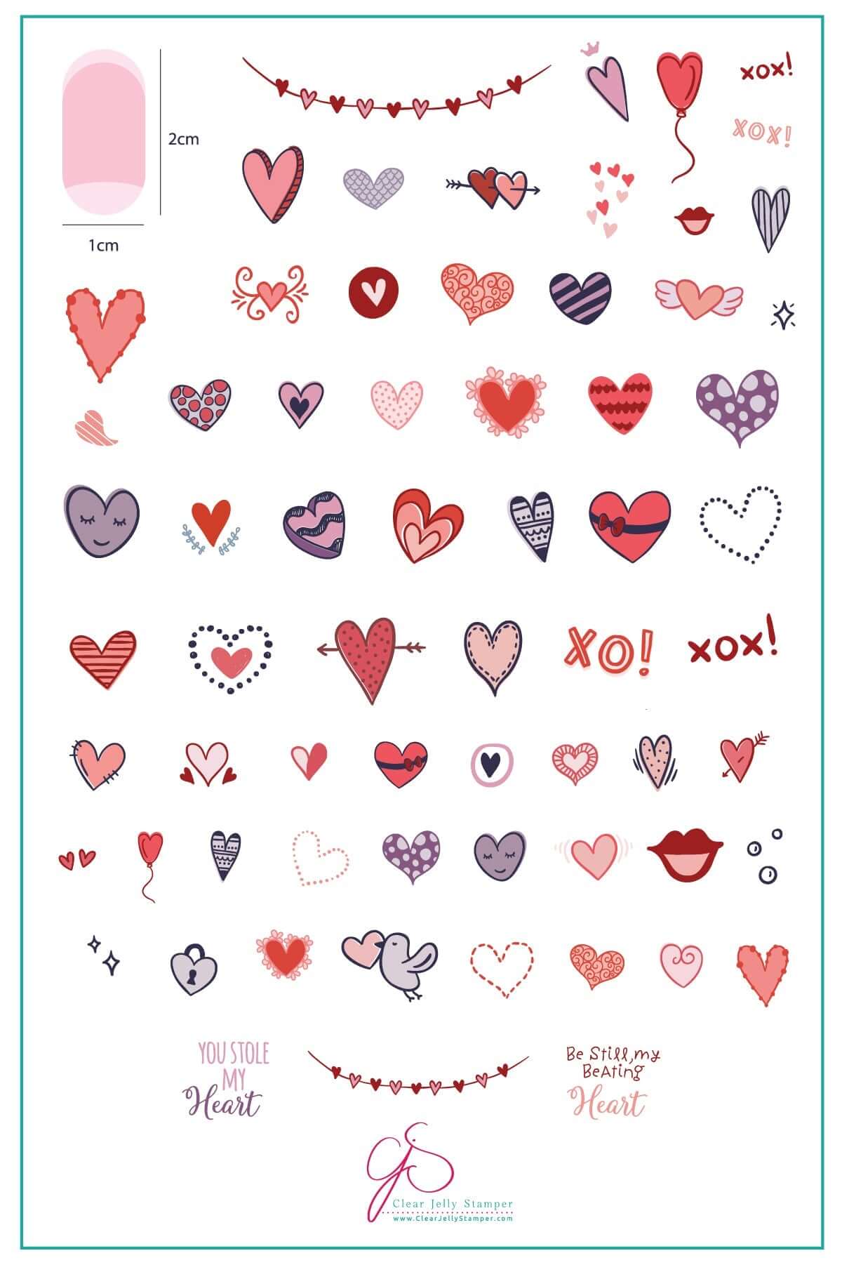 layered-nail-art-stamping-plate-inspo-card-showing-colorful-designs-of-hearts-xo-lips-and-words-for-nail-art