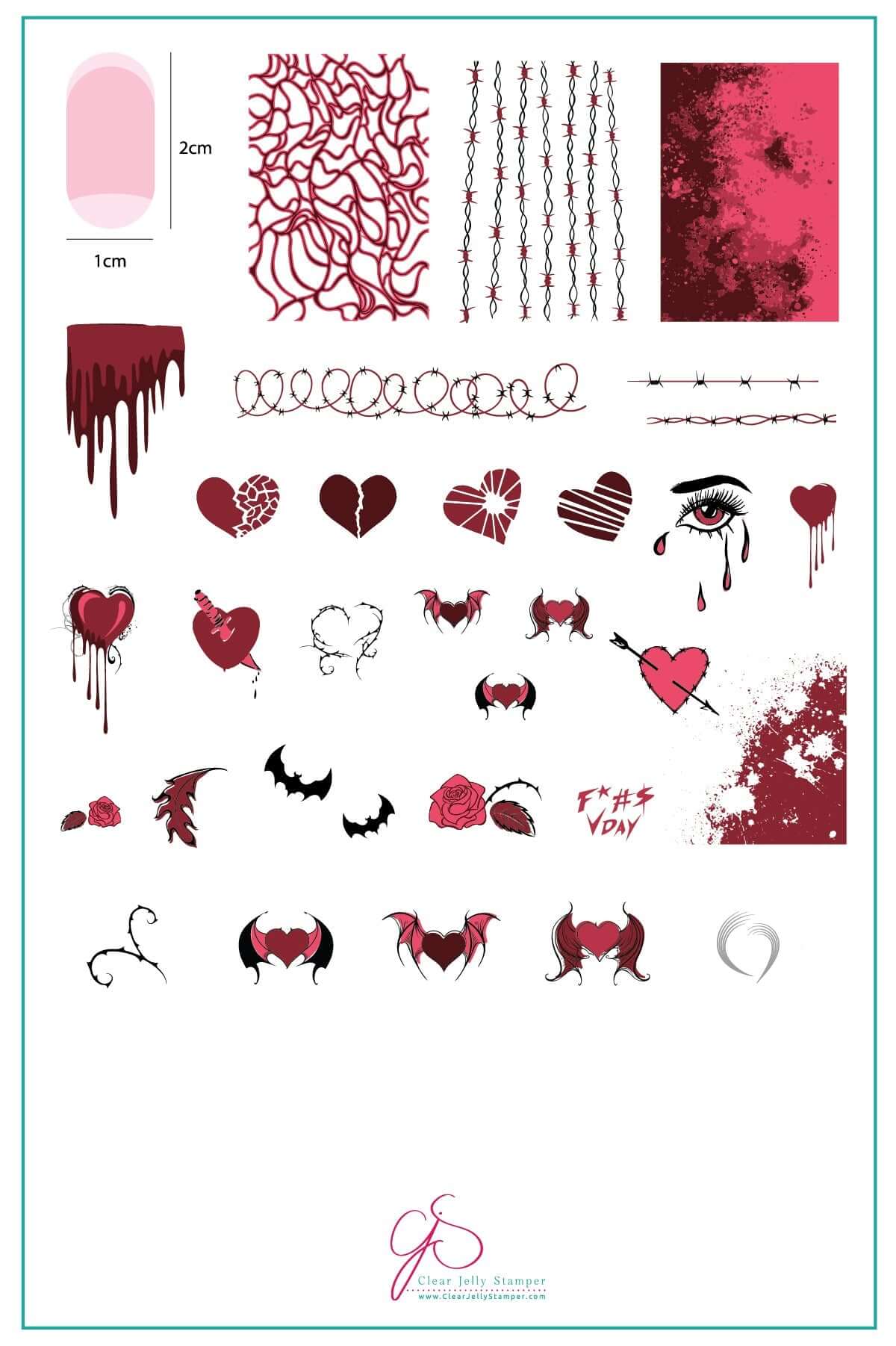 layered-nail-art-stamping-plate-showing-colorful-designs-of-barbed-wire-devil-hearts-and-blood