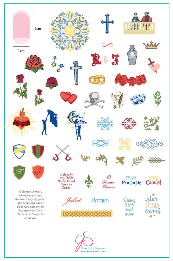 layered-nail-art-stamping-plate-inspo-card-showing-colorful-designs-of-romeo-juliet-hearts-swords-rings-roses-words-for-nail-art