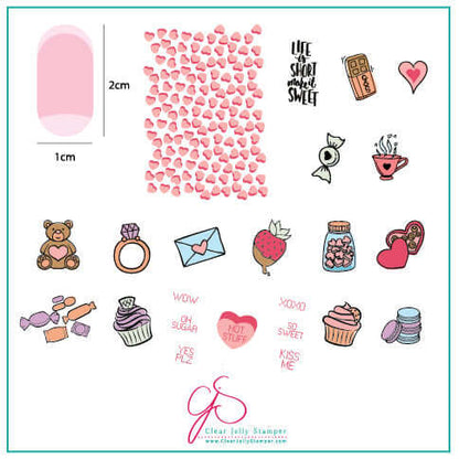 layered-nail-art-stamping-plate-inspo-card-showing-colourful-designs-of-candy-hearts-cupcakes-and-words-for-nail-art