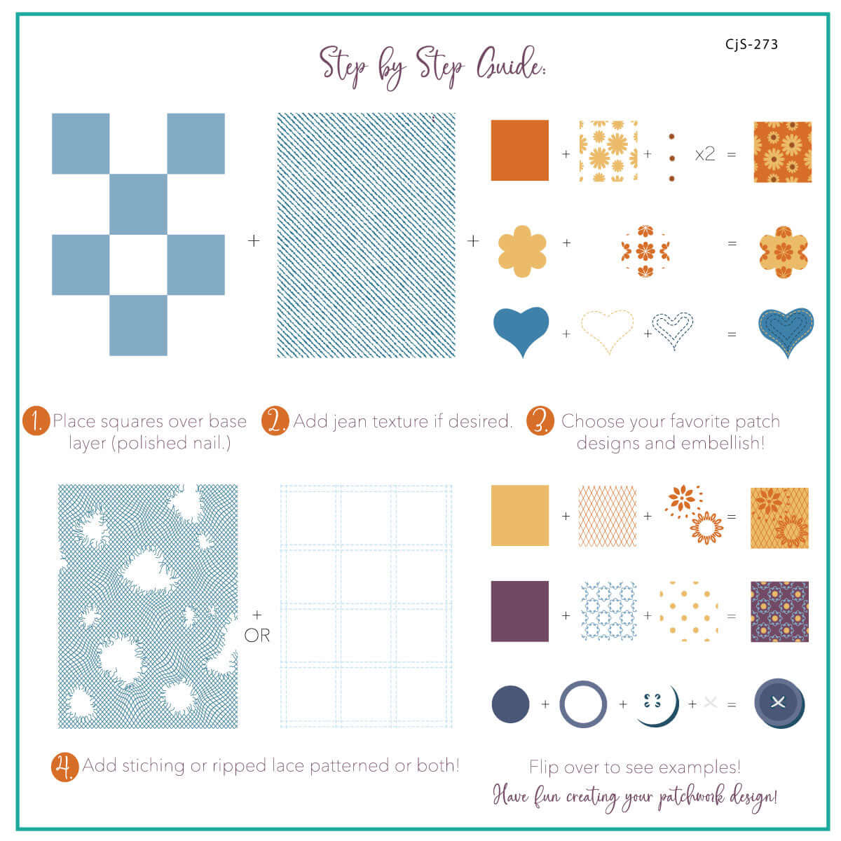 layered-nail-art-stamping-plate-how-to-card-showing-colorful-denim-patchwork-designs-patchwork-hearts-and-buttons