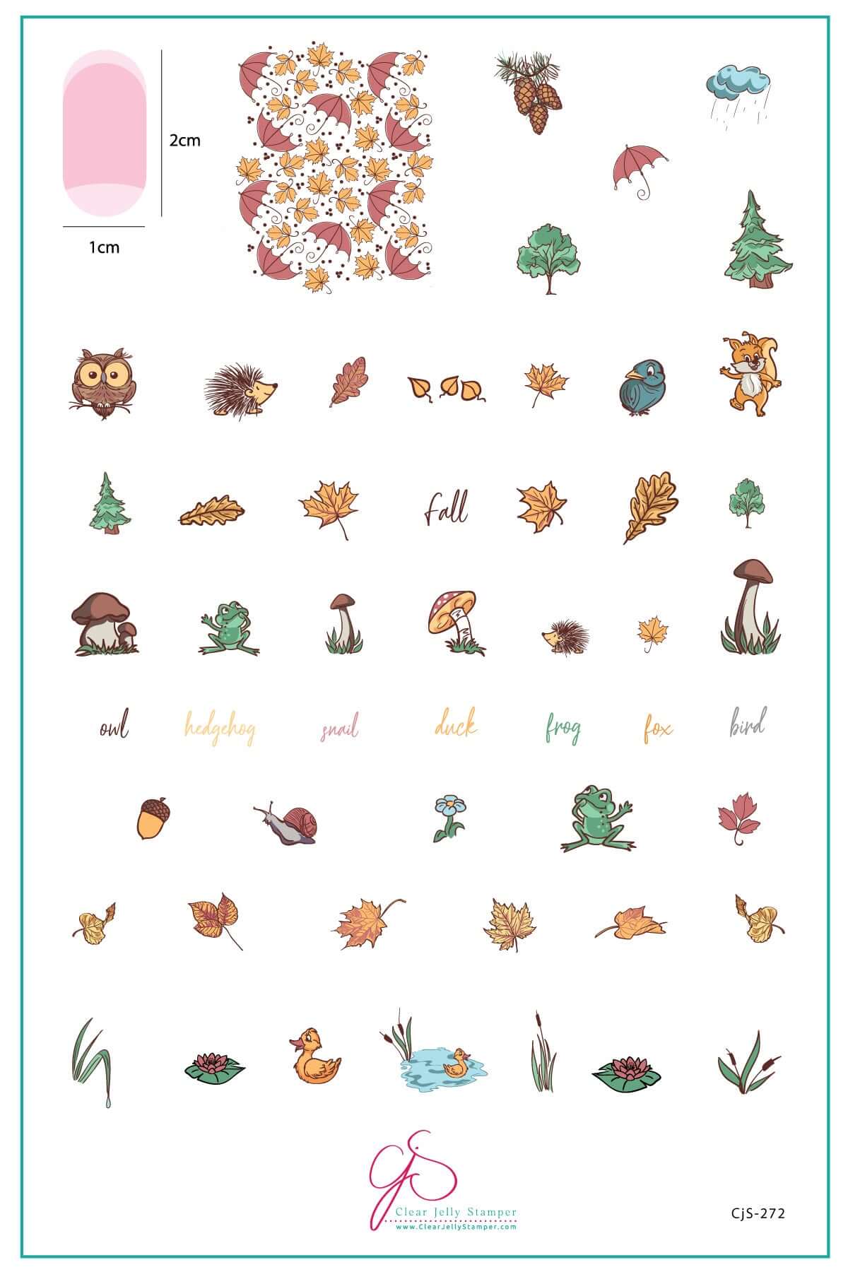 layered-nail-art-stamping-plate-inspo-card-with-colorful-designs-of-an-owl-fox-hedgehogs-leaves-mushrooms-and-words-for-nail-art