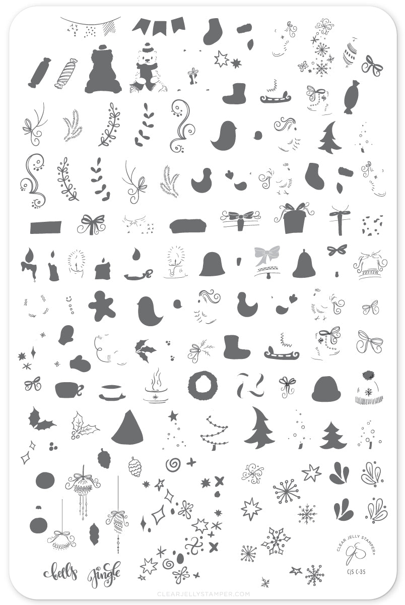 Festive & Flirty (CjS C-35) Steel Nail Art Stamping Plate 14 x 9 Clear Jelly Stamper 
