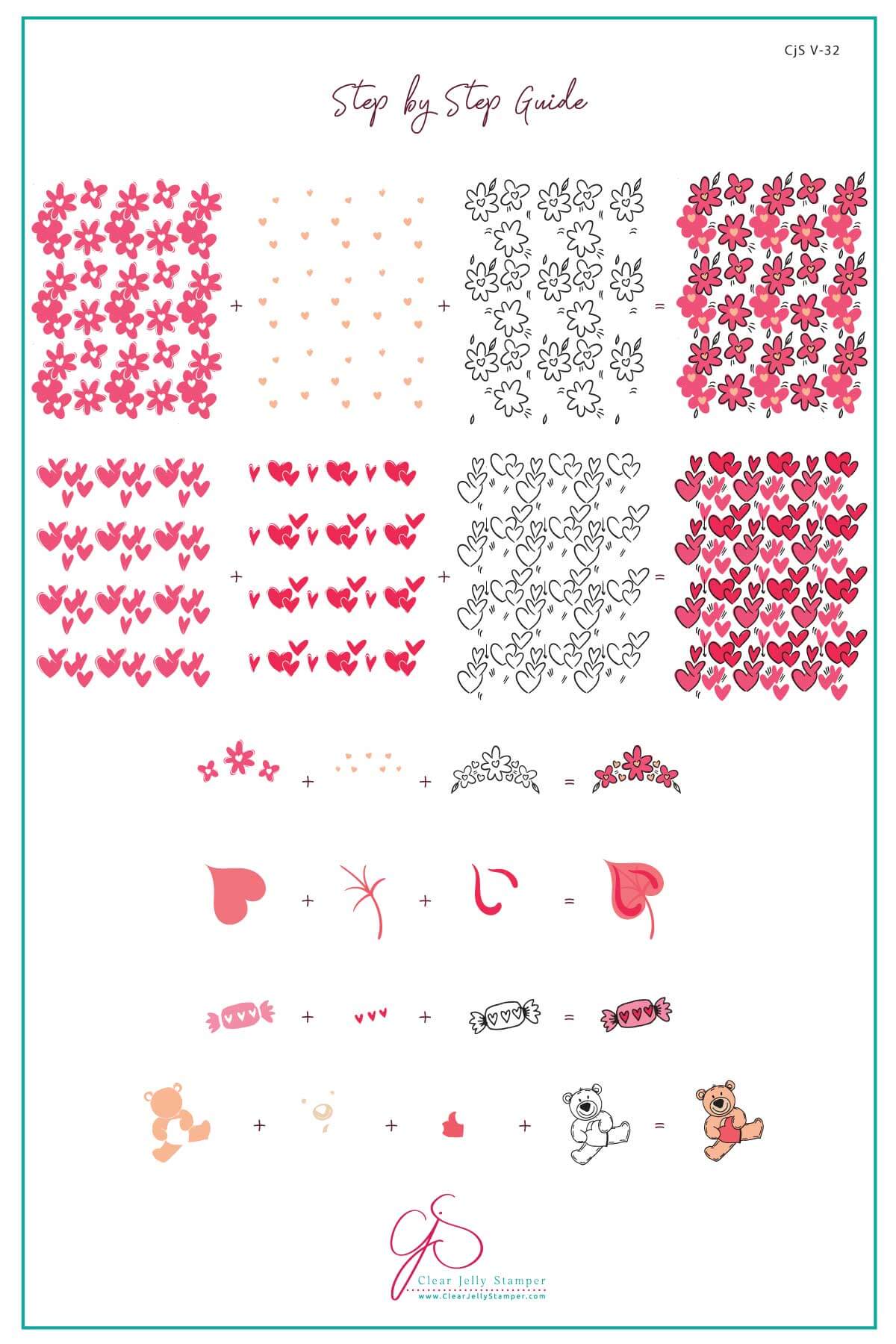 layered-nail-art-stamping-plate-how-to-card-showing-colorful-designs-of-flowers-hearts-candy-and-a-teddy-ear