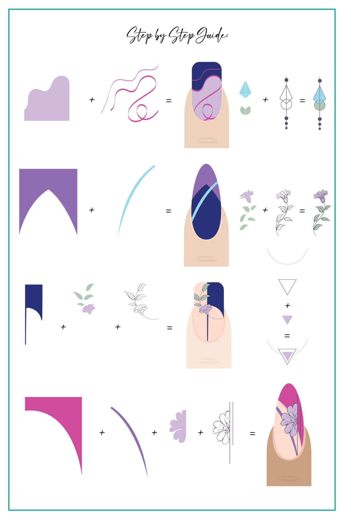 layered-nail-art-stamping-plate-how-to-card-with-colorful-french-tip-designs-swirls-flowers-geometric-shapes