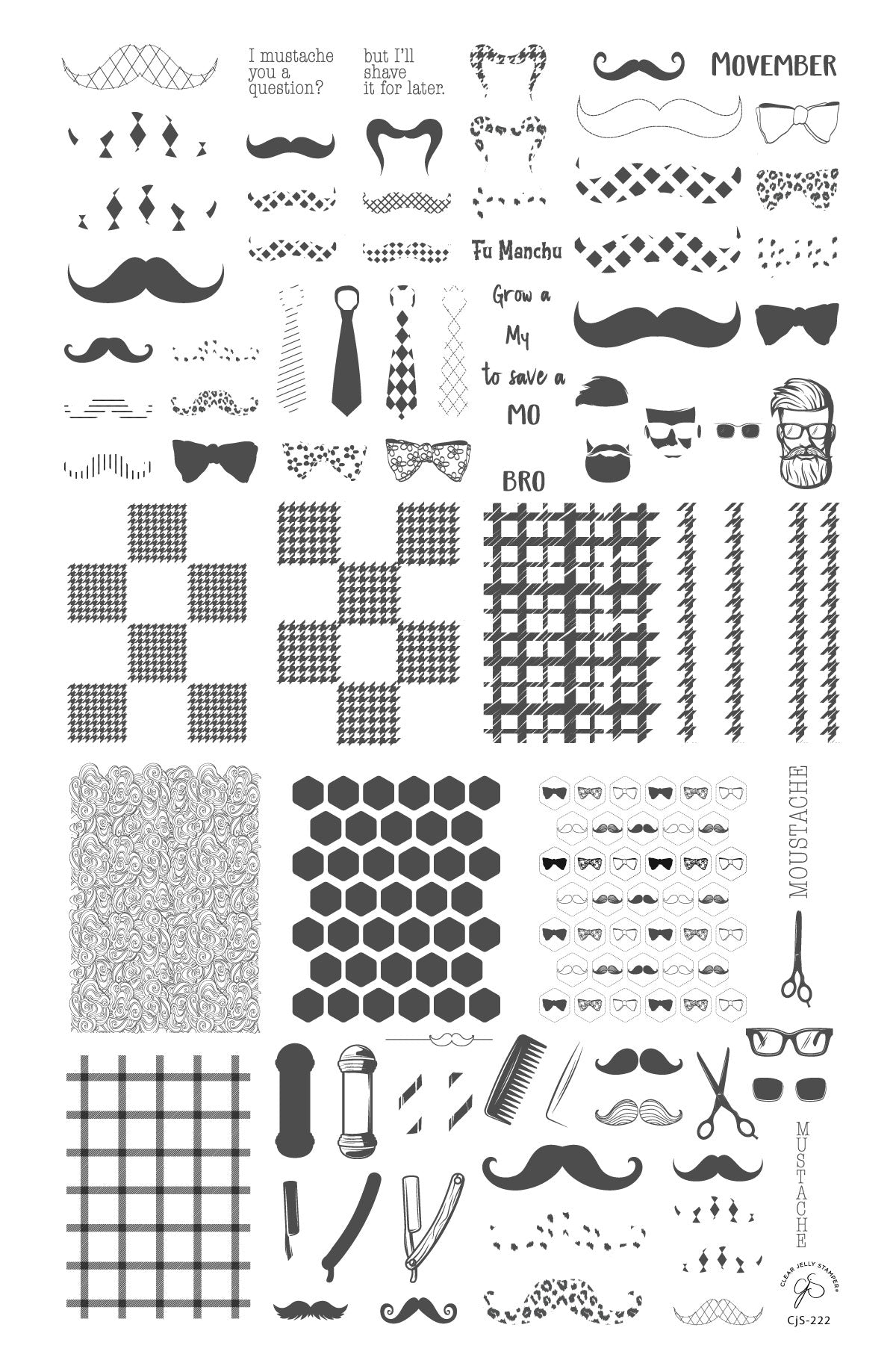 Grow A Mo (CjS-222) Steel Nail Art Layered Stamping Plate