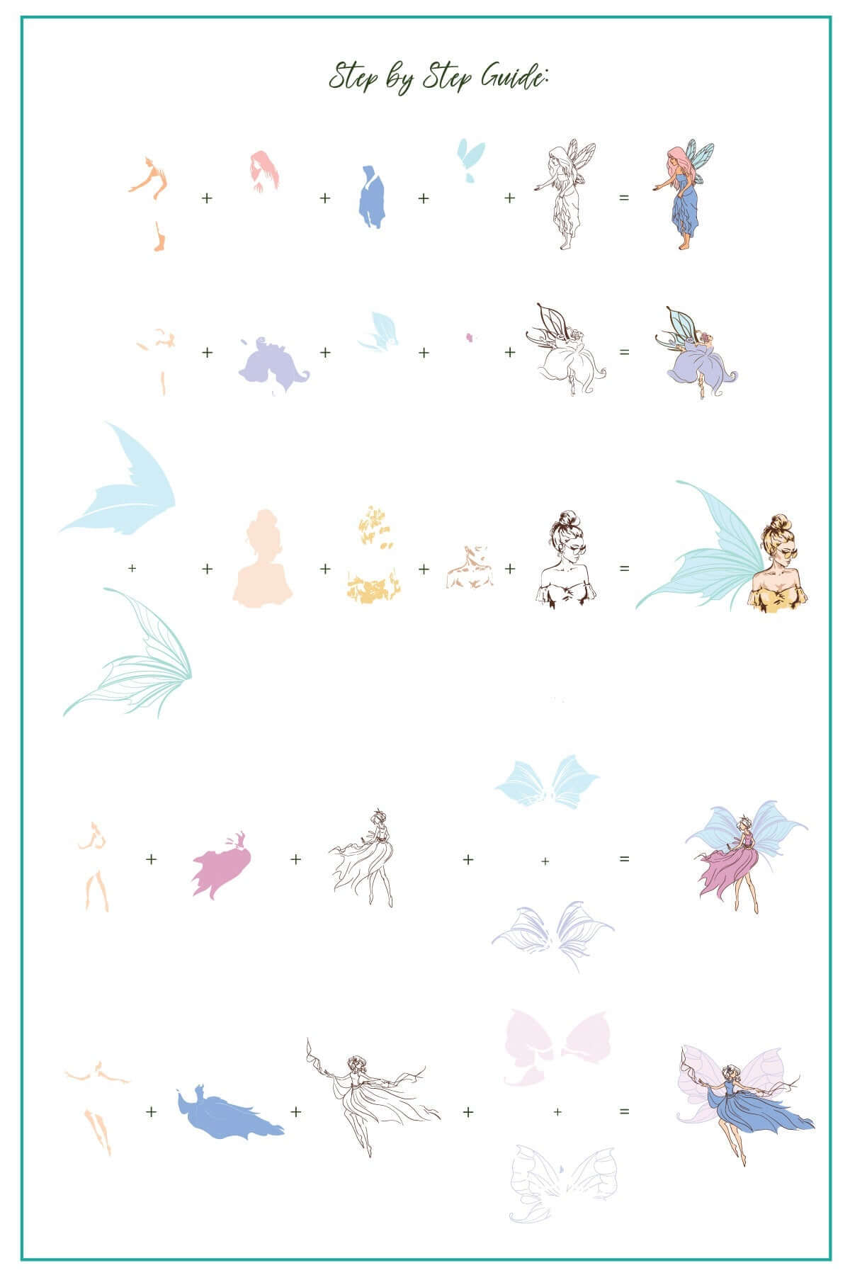 layered-nail-art-stamping-plate-how-to-card-showing-colorful-designs-of-fairies-fairy-wings-and-flowers