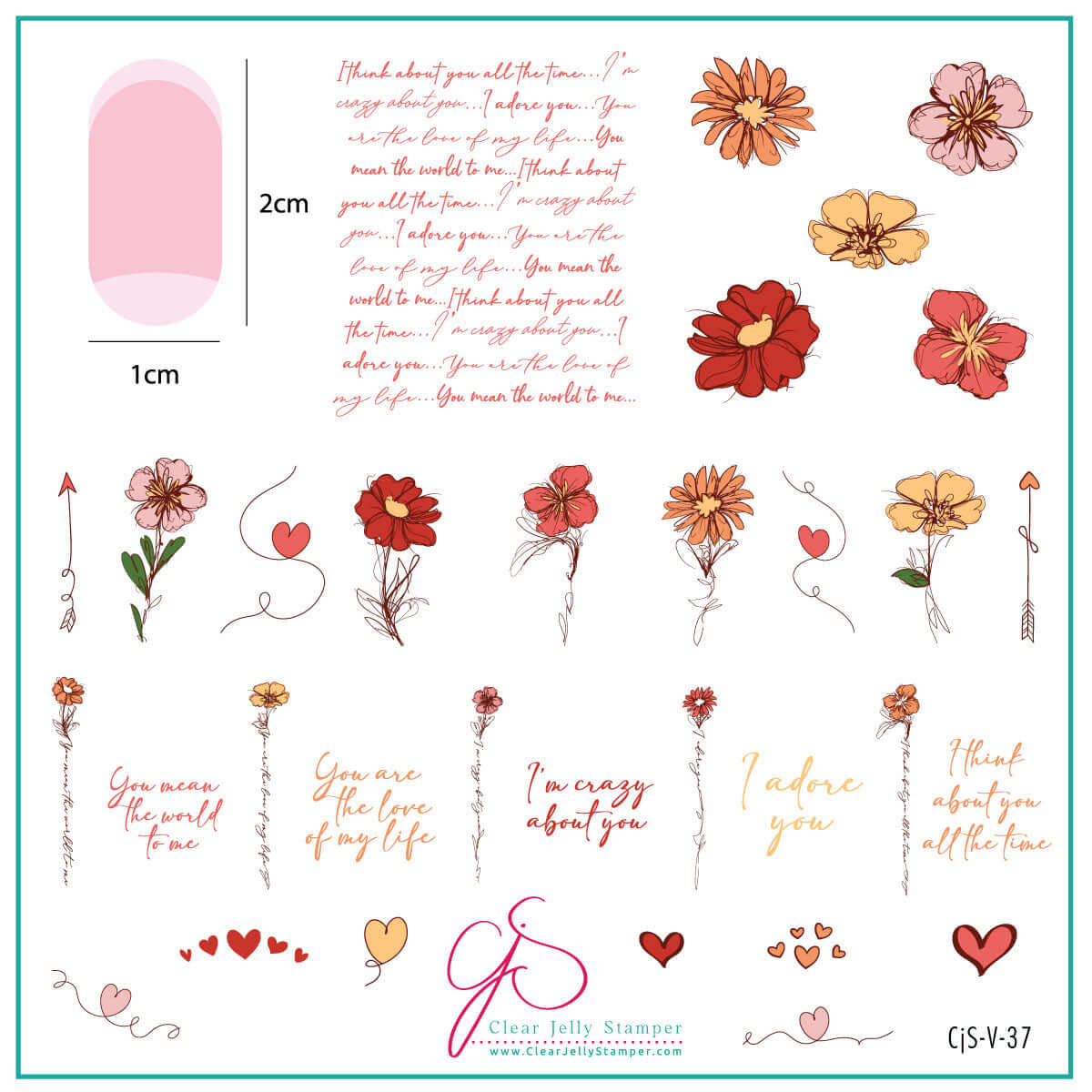 layered-nail-art-stamping-plate-inspo-card-showing-colorful-designs-of-flowers-hearts-and-words-for-nail-art