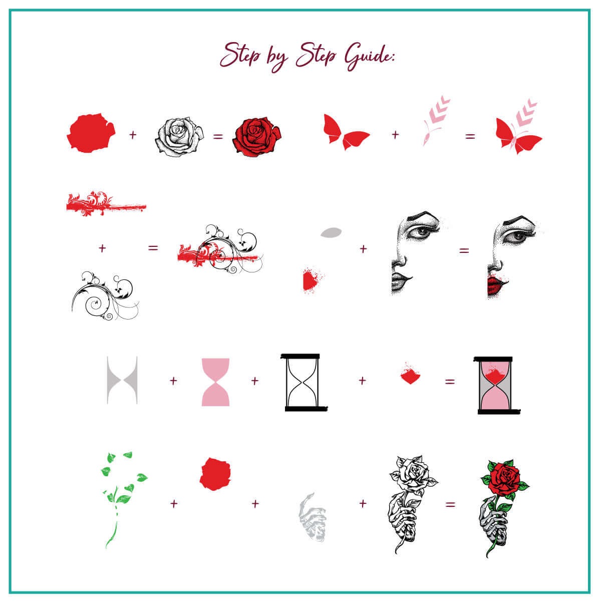 layered-nail-art-stamping-plate-how-to-card-with-colorful-designs-of-roses-a-butterfly-girls-face-and-swirl-pattern