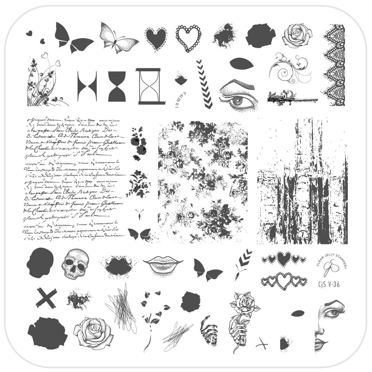 layered-nail-art-stamping-plate-with-designs-of-lace-hearts-script-roses-and-butterflies