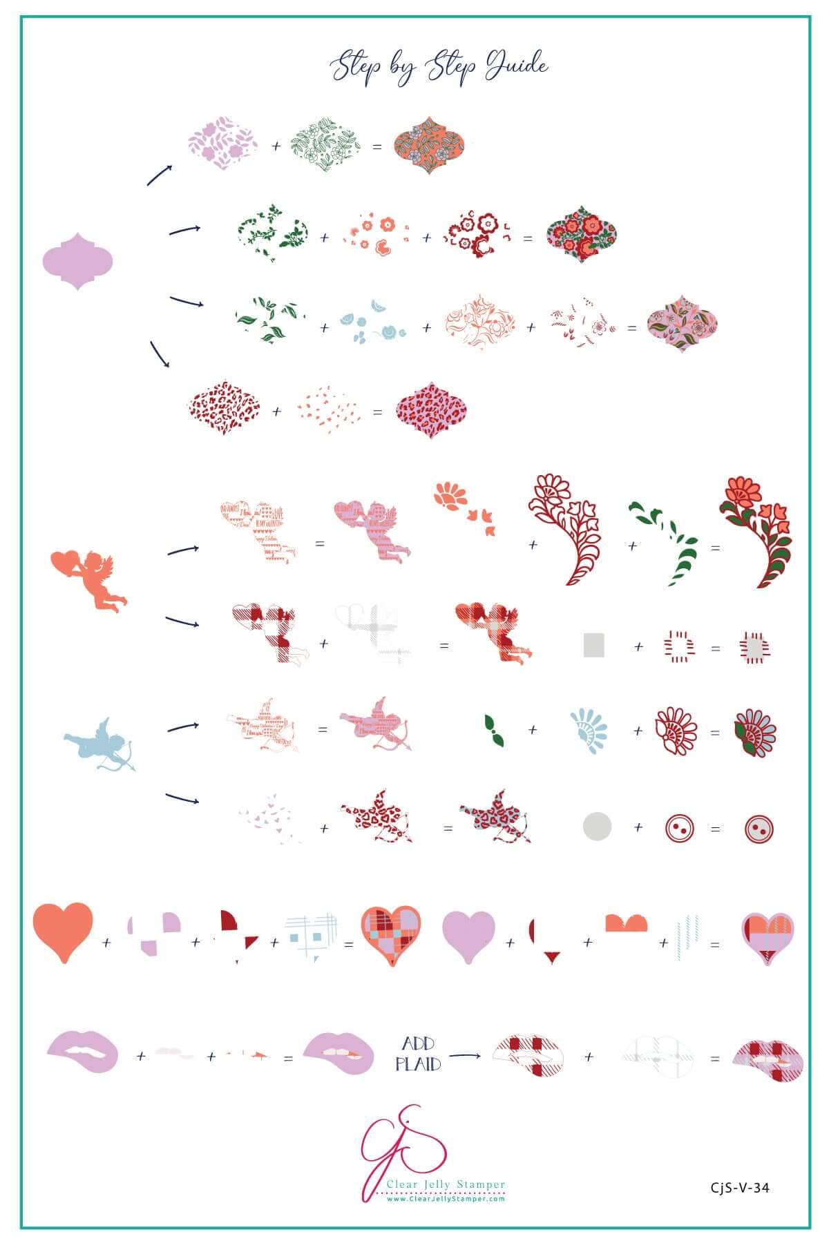 layered-nail-art-stamping-plate-how-to-card-showing-colourful-designs-of-patchwork-hearts-patchwork-cherubs-and-patchwork-lips