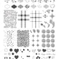 layered-nail-art-stamping-plate-showing-designs-of-patchwork-hearts-lips-cherubs-and-words-for-nail-art